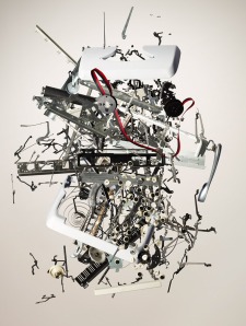 The 621 parts of a typewriter falling through space.