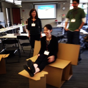 Chair, schmair. This participant group made a cardboard bench and accompanying footrest!